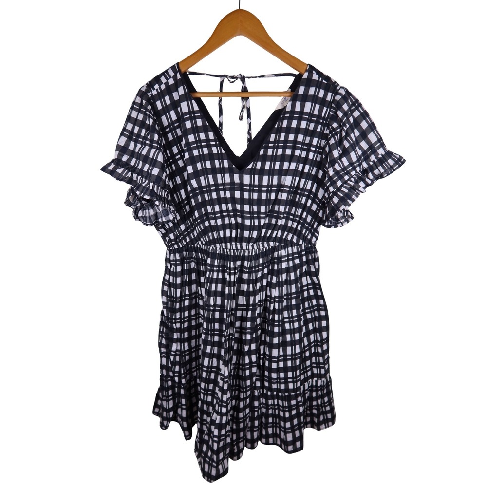 Terra & Sky Dress Women 0X Black White Plaid Flutter Sleeve Tiered Plus Size
